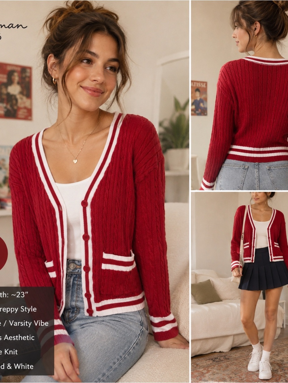 Freshman 1996 Red Varsity V-Neck Cable Knit Cardigan with White Trim Size Medium